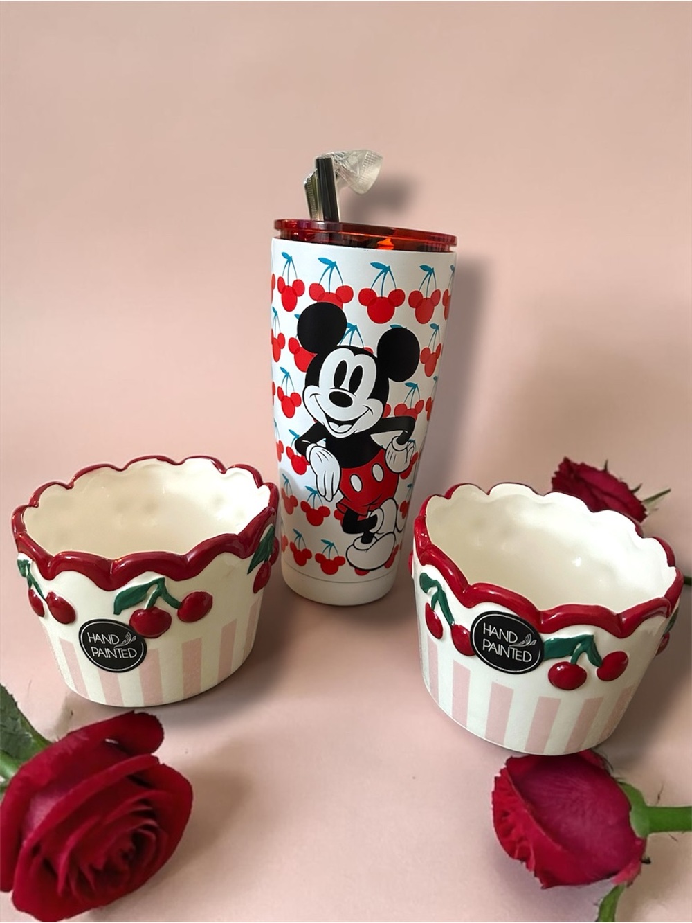 Disney Mickey Mouse Cherry Tumbler + Pair of Hand-Painted Cherry Bowls GIFT SET - Picture 8 of 15